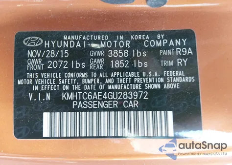 2016 Hyundai Veloster Turbo z USA, uszkodzony, nr VIN KMHTC6AE4GU283972